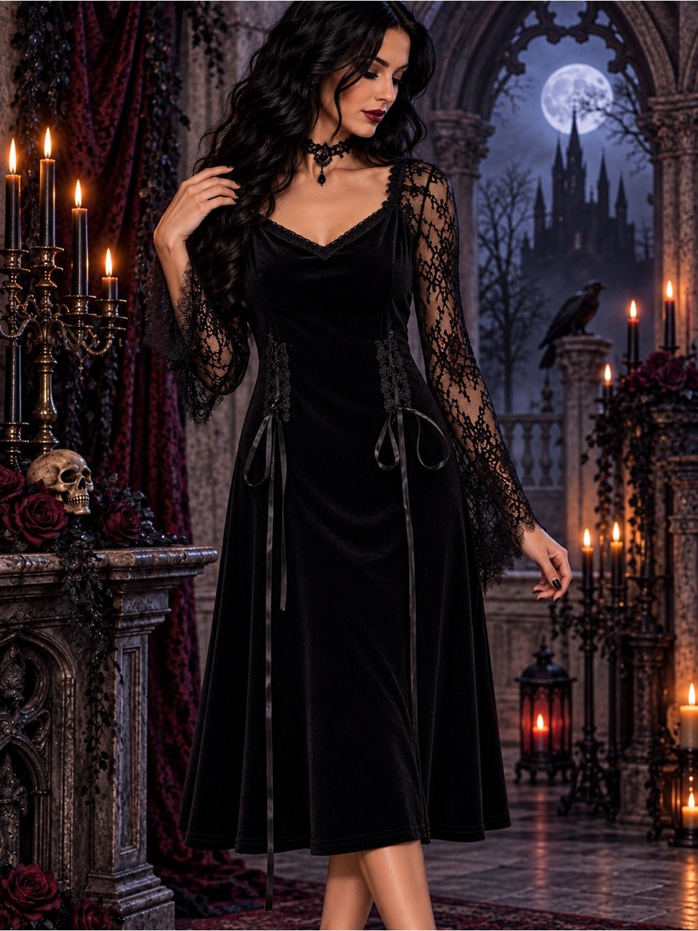 Gothic Black Velvet Long-Sleeve Lace Dress